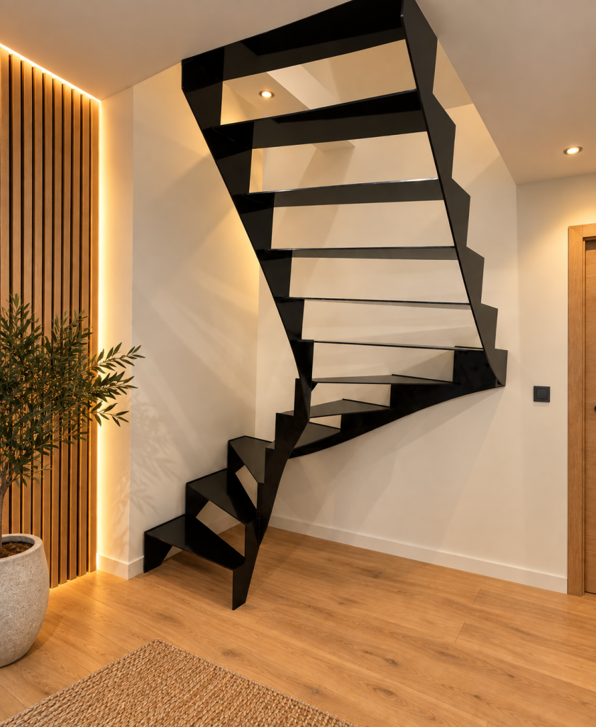 Escalier métallique sur mesure en acier noir fabriqué en Mayenne