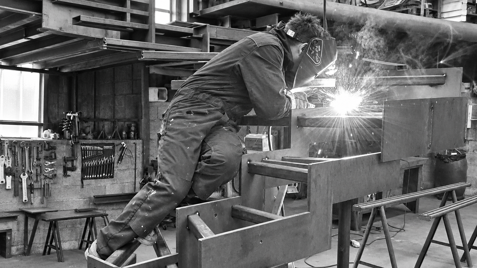 Artisan métallier réalisant la soudure d'un escalier en acier brut sur mesure dans l'atelier Esprit Métal en Mayenne.